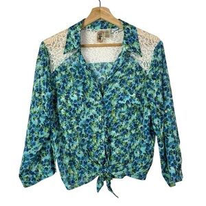 L8ter Blue Floral & Lace Tie Front Long Sleeve Button Down L